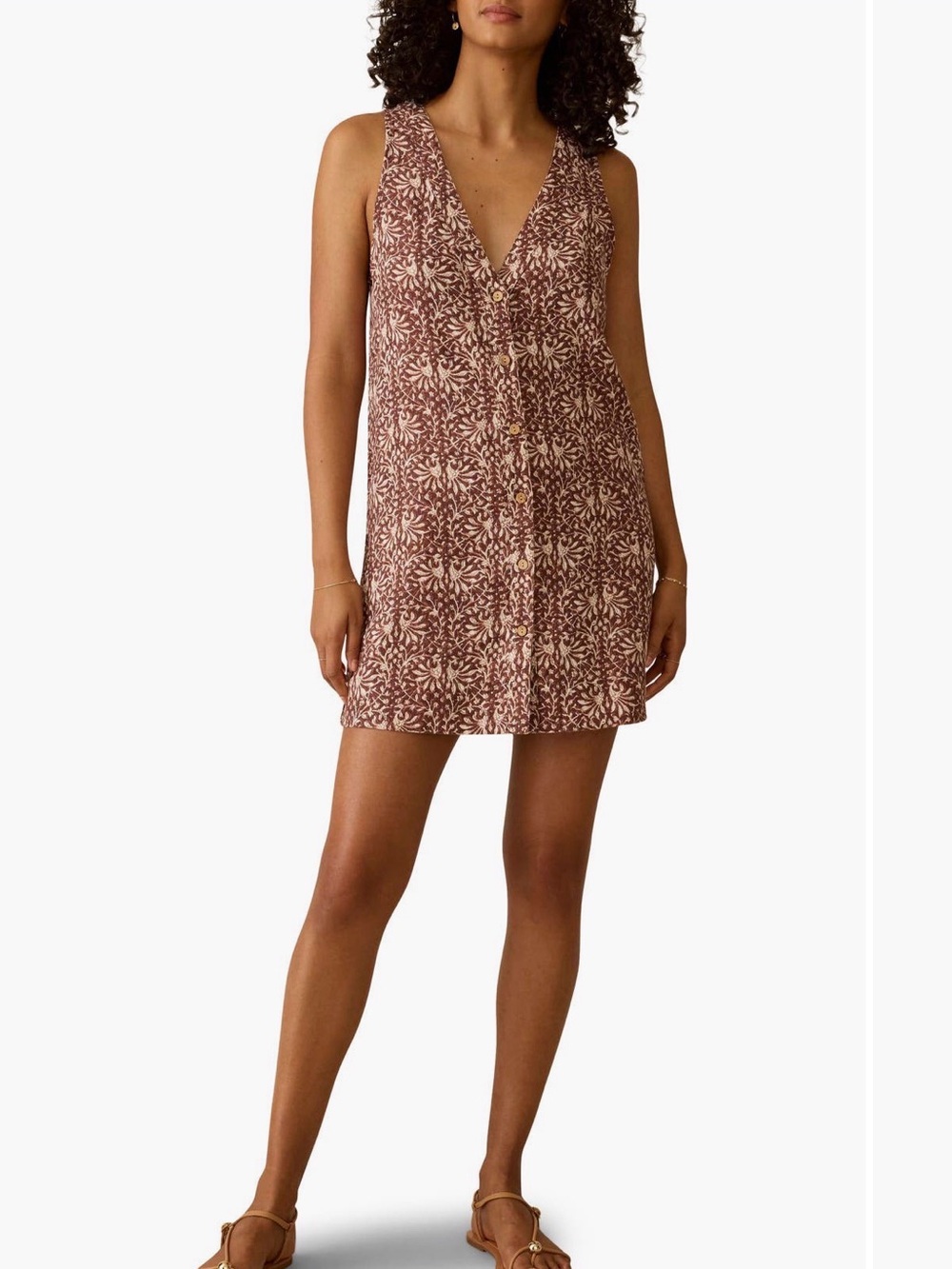 Faherty Alston Brown and White Floral Linen Sleeveless Button Dress - size small